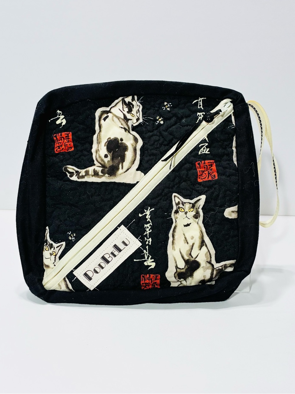 Handmade Quilted Cat Print Square Project Bag Zip Travel Pouch Wristlet Black